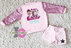 2 Piece Pink and Black Sequin LOL Surprise Birthday Shorts Outfit Ages 1 - 5