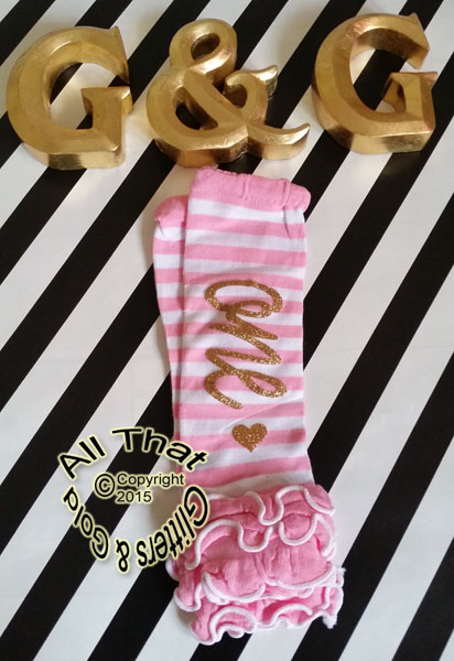 Pink and White Striped Gold Cursive One Birthday Leg Warmers