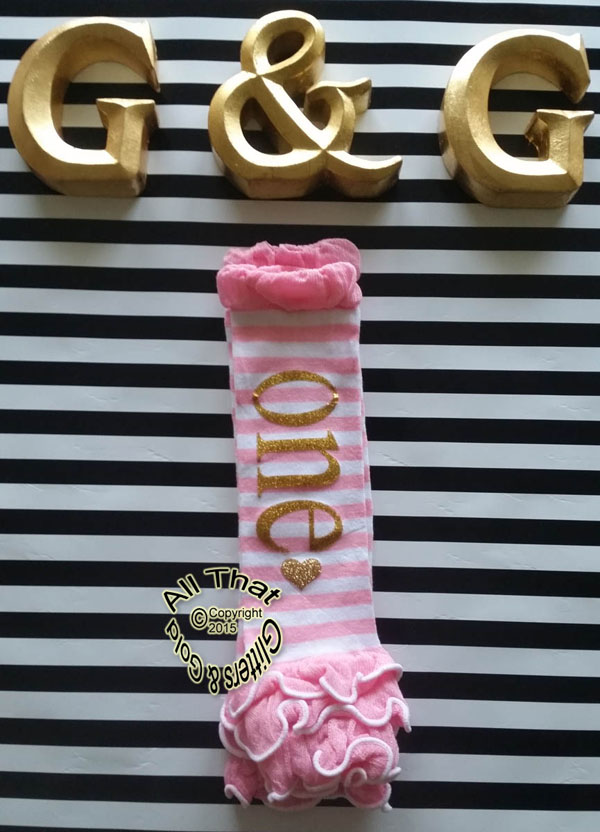 Pink and White Striped Gold ONE Birthday Leg Warmers