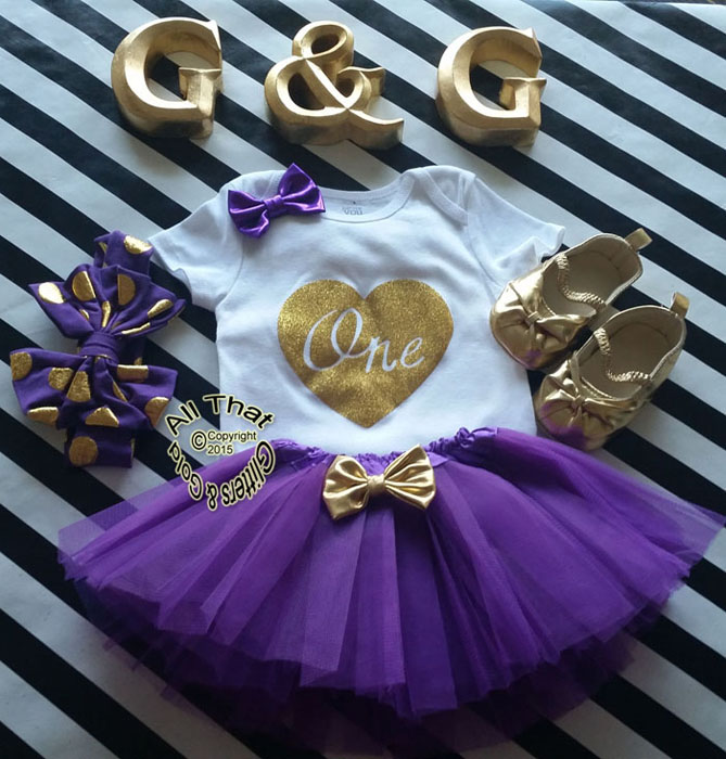 Purple and Gold One In a Heart First Birthday Outfit With Purple Tutu Skirt