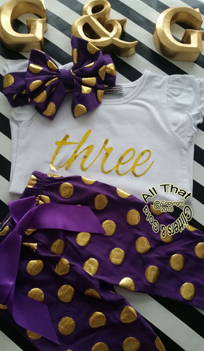 Purple and Gold Polka Dot 2nd 3rd 4th Girls Birthday Pants Outfits