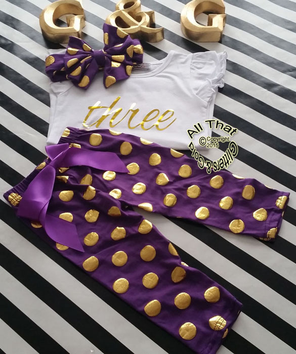 Purple and Gold Polka Dot 2nd 3rd 4th Girls Birthday Pants Outfits