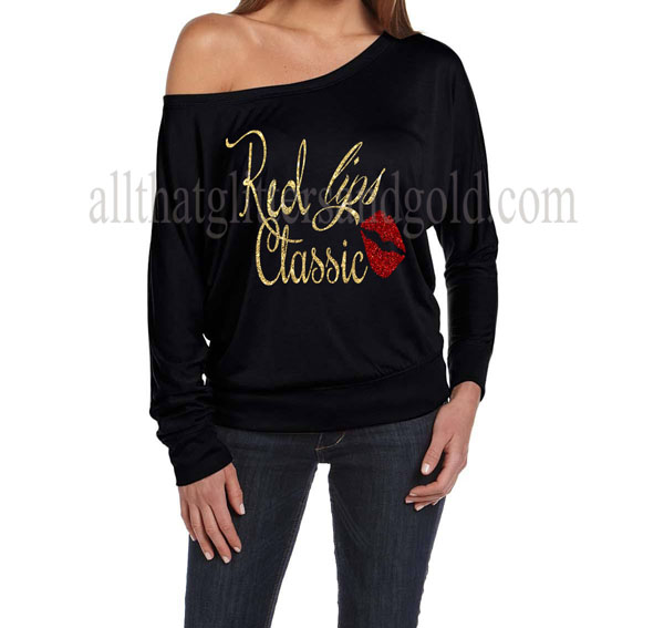 Cute Off The Shoulder Gold Glitter Red Lips Classic Shirts For Women