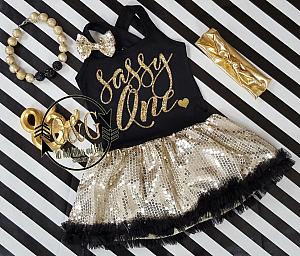 Black and Gold Sequin Sassy One Birthday Tutu Dresses For Toddler Girls