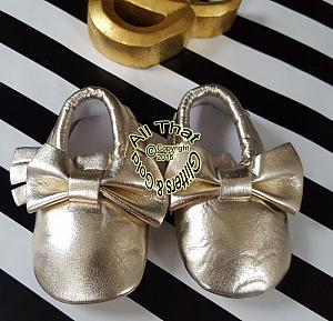 Shiny Gold Soft Soled Baby Girl Moccasin Shoes With Bows