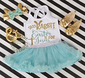 Mint and Gold Glitter 2pc Silly Rabbit Easter Is for Jesus Tutu Dresses For Toddler Girls Age 1-4
