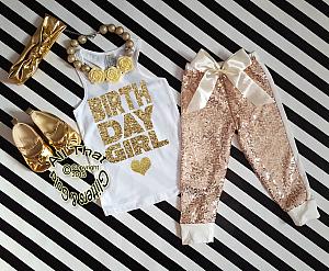 Ivory and Gold Birthday Girl Sequin Birthday Pants Outfit