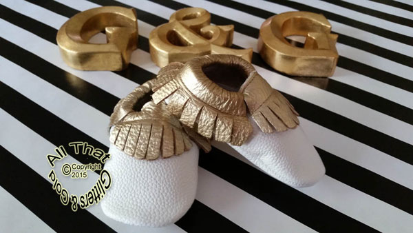 Leather White and Gold Soft Soled Baby Fringe  Moccasin Shoes