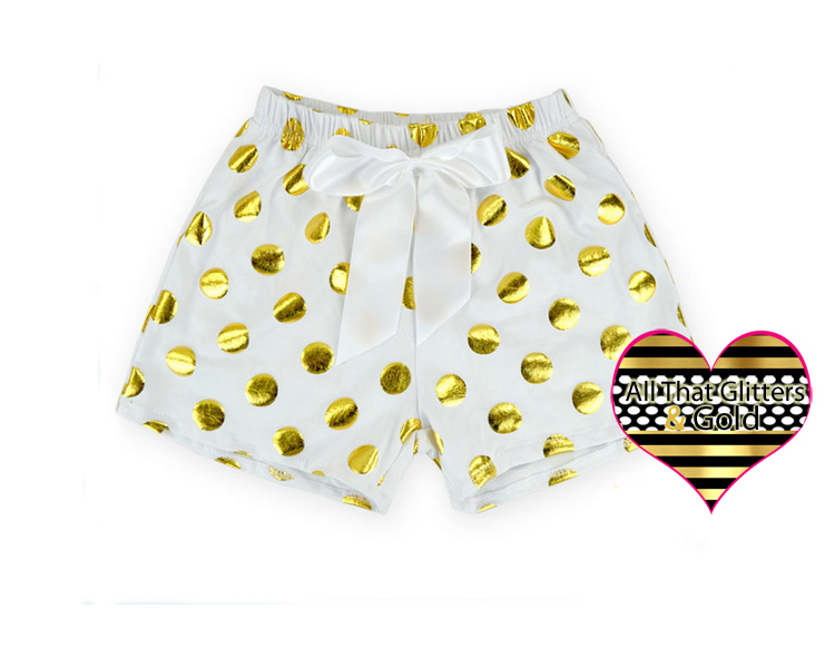 White and Gold Metallic Polka Dot Girls Summer Shorts