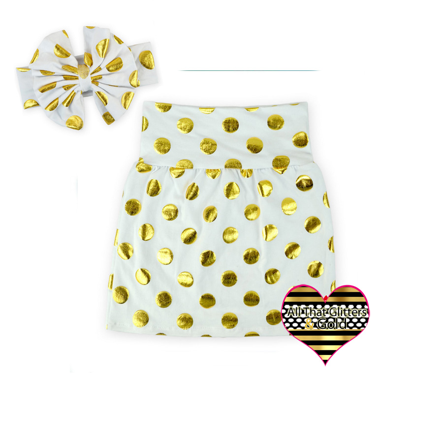 White and Gold Metallic Polka Dot Girls Skirts