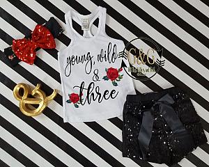 White, Black and Red Sequin Young, Wild, Three Birthday Shorts Outfit Watercolor Roses